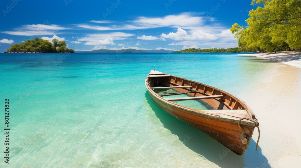 Wooden boat on a tropical beach with white sand and crystal clear water Wooden boat on a tropical beach with white sand and crystal clear water