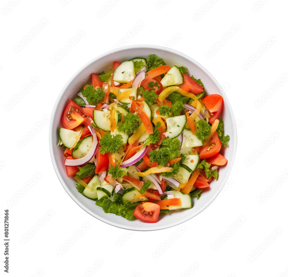 Vibrant mixed salad with crisp cucumbers, cherry tomatoes, carrots, red onion, and lettuce in a white bowl on a top view. Generative AI