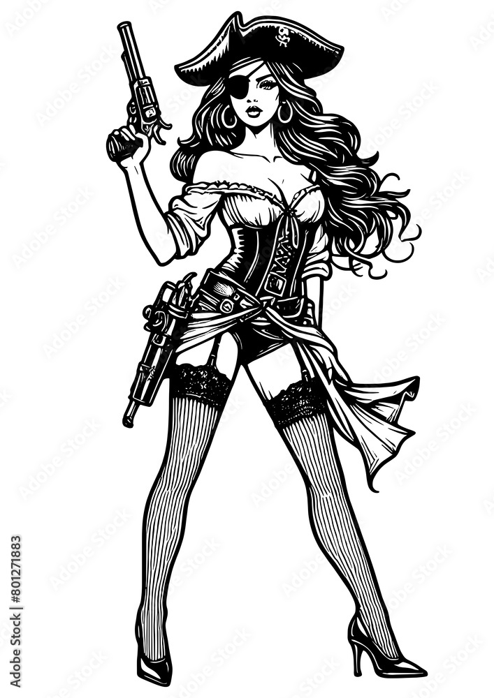 female pirates, poised with pistols and dressed in classic buccaneer attire sketch engraving generative ai fictional character PNG illustration. Scratch board imitation. Black and white image. female pirates, poised with pistols and dressed in classic buccaneer attire sketch engraving generative ai fictional character PNG illustration. Scratch board imitation. Black and white image.