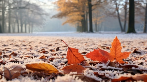 Close-up of fallen leaves on frosty ground in autumn park