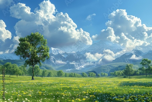 Green rolling hills and snow-capped mountains