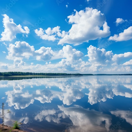 Blue sky and white clouds reflecting on the lake