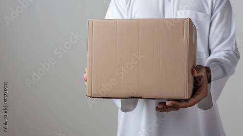 Arabic man wearing a Saudi bisht and traditional white shirt, carrying a cardboard box in front of his chest. photo