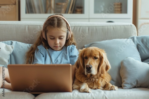 Little girl schoolgirl sitting on the sofa with a dog holding a laptop in her hands, concept of leisure time for children, distance learning online