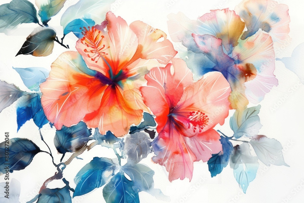 Vibrant watercolor painting of hibiscus flowers with blue and pink leaves on white background