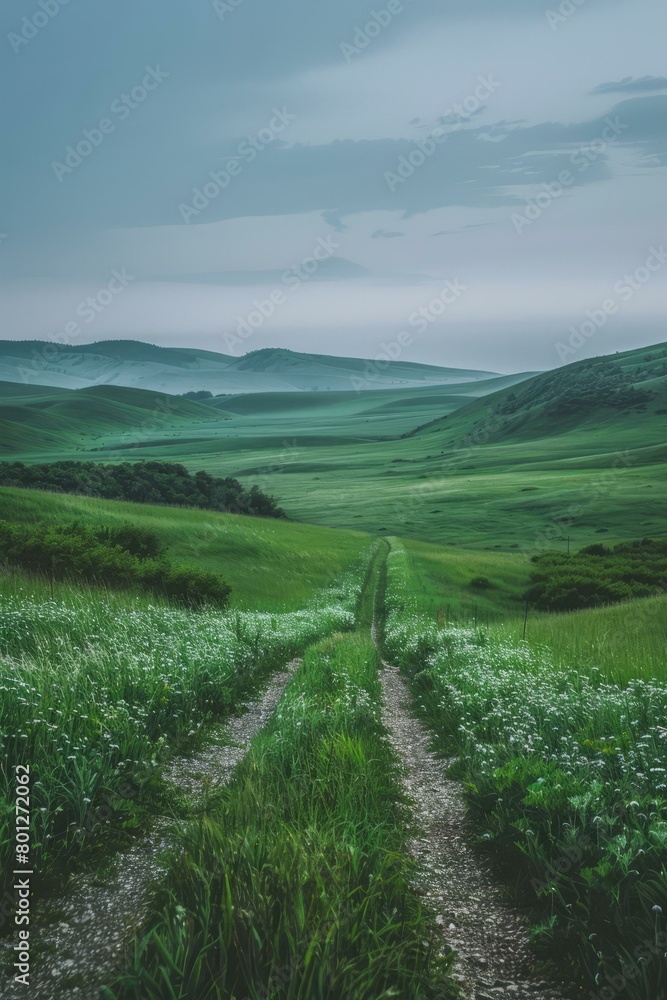 Dirt road through a lush green grassy field with white flowers and rolling hills in the distance Dirt road through a lush green grassy field with white flowers and rolling hills in the distance