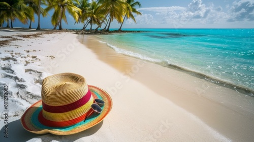 Beach scene with palm trees  white sand  blue water  straw hat  and sunglasses