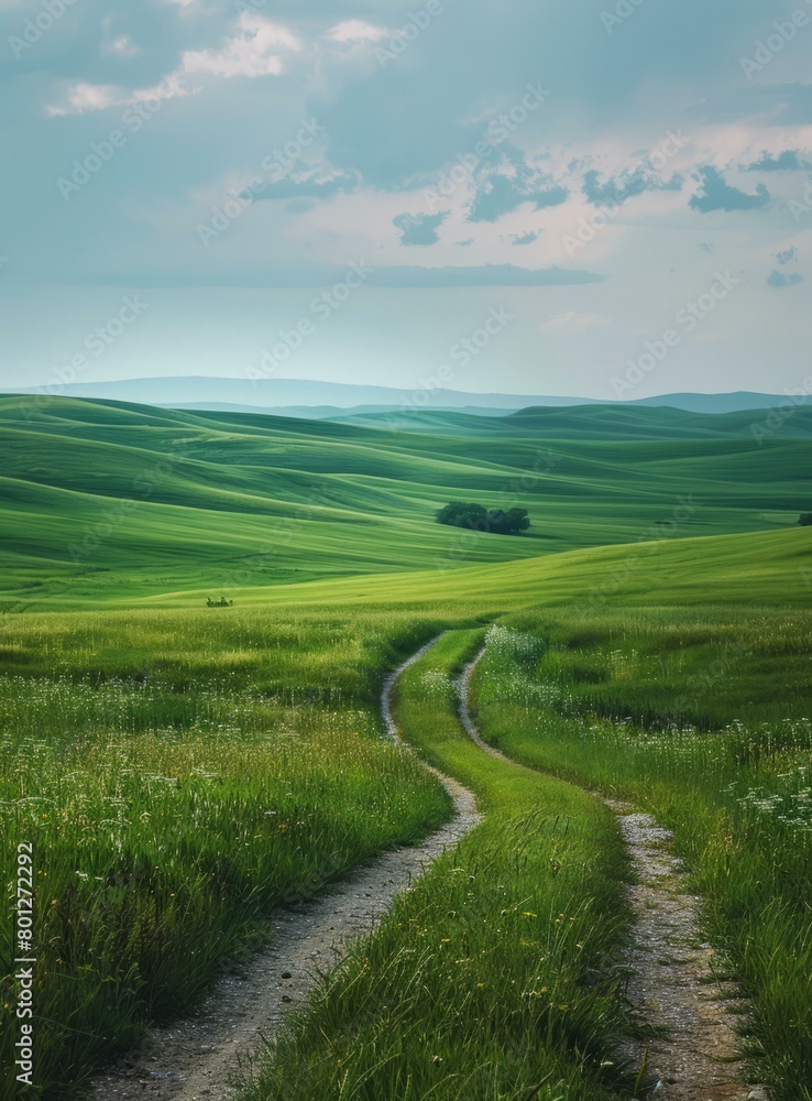 Scenic view of a rural dirt road through a lush green hilly field