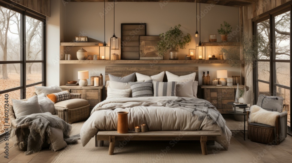 A cozy bedroom with a rustic, natural feel A cozy bedroom with a rustic, natural feel