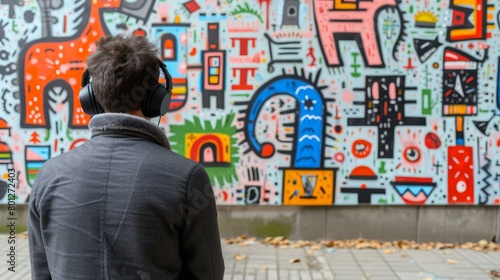 Man with headphones in front of a colorful mural photo