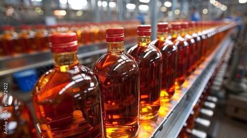 Whiskey bottling process in a standard factory production line for efficient manufacturing