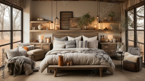 A cozy bedroom with a rustic, natural feel © duyina1990