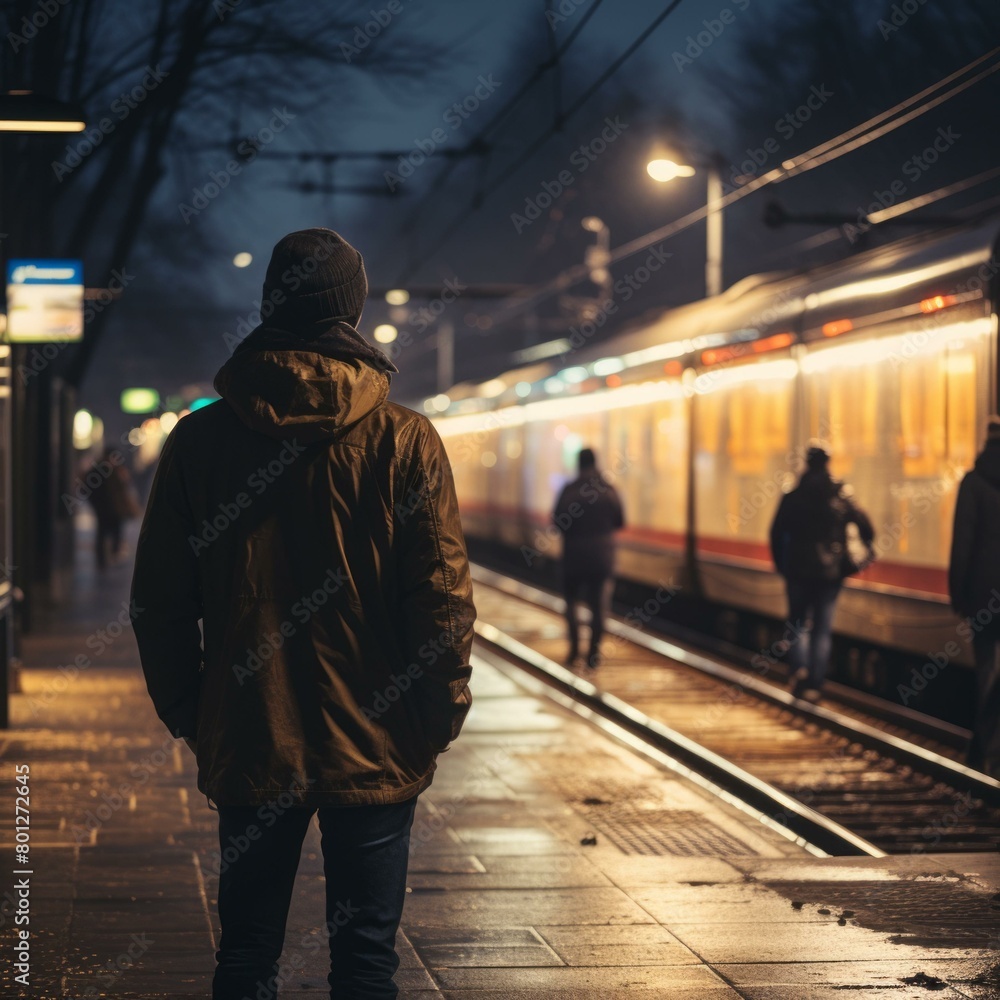 Obraz premium Man in a jacket standing on a train platform at night with a blurred train in the background