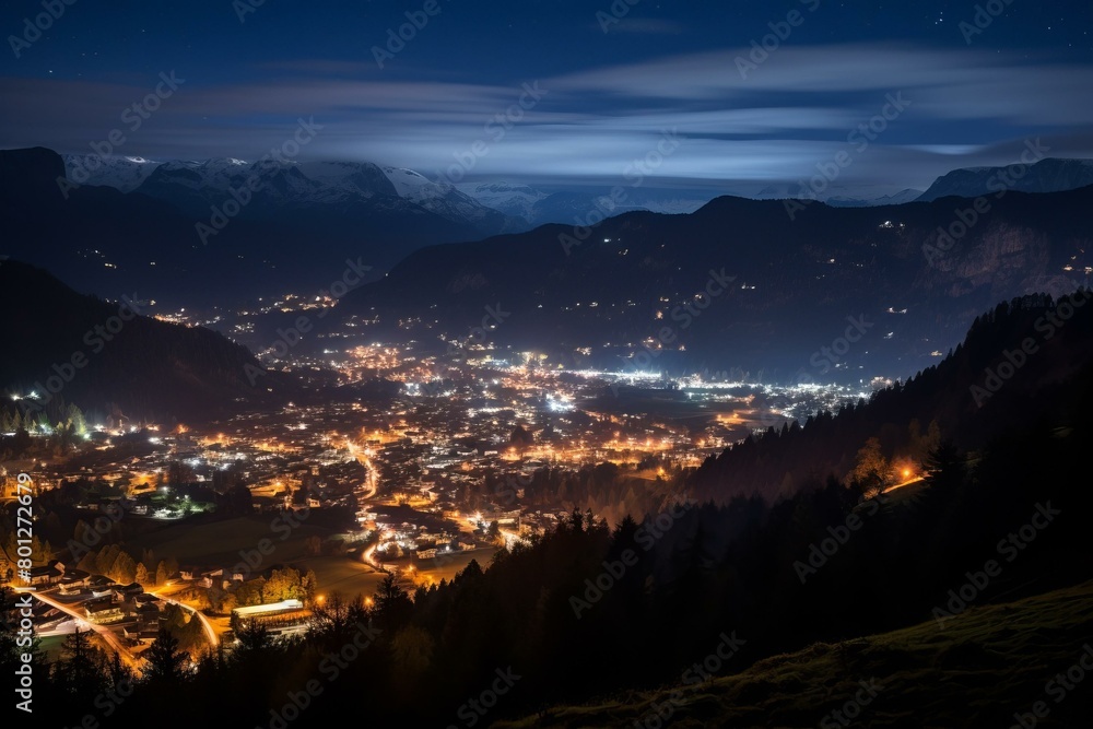 Night view of a town in the mountains