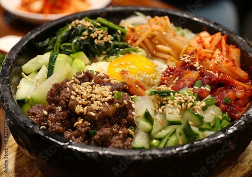 A delicious Korean dish with beef, vegetables, and egg