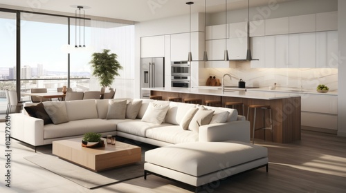 An illustration of a modern living room and kitchen with a large sofa  coffee table  dining table  and kitchen island