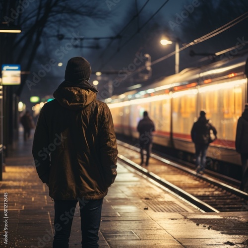 Man in a jacket standing on a train platform at night with a blurred train in the background