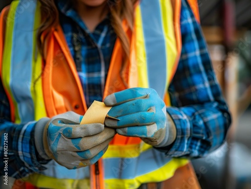 Close-up of construction worker's hands holding a piece of sandpaper