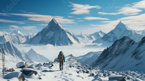 A lone climber makes their way through the snow-covered mountains. © duyina1990