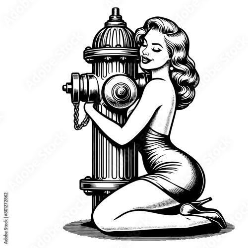 pin-up girl playfully posing with a classic fire hydrant sketch engraving generative ai fictional character PNG illustration. Scratch board imitation. Black and white image.