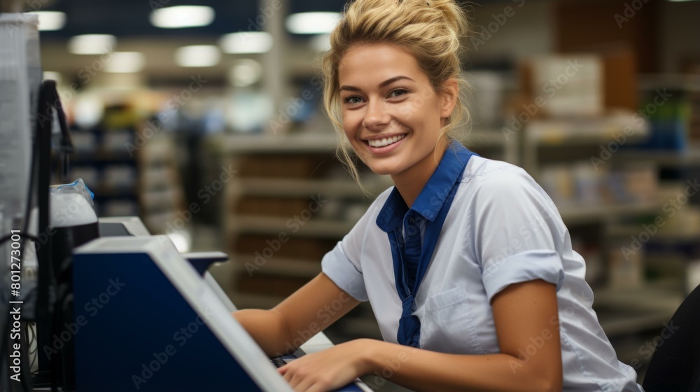 Portrait of a smiling young woman working at a cash register in a supermarket Portrait of a smiling young woman working at a cash register in a supermarket