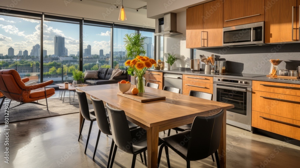 Modern kitchen and dining room with city view