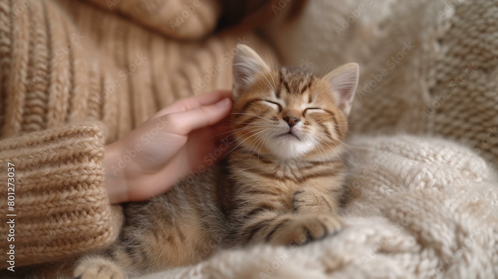 A woman is petting a kitten.