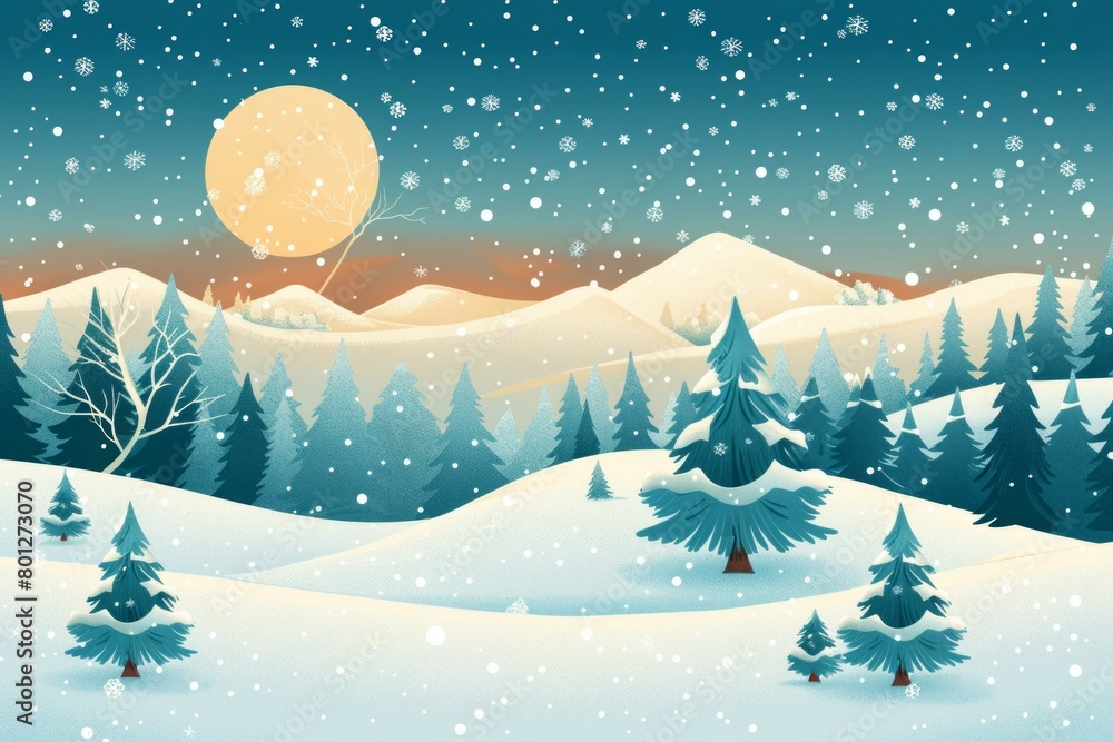 Snowy Landscape with Pine Trees and Snowflakes Snowy Landscape with Pine Trees and Snowflakes