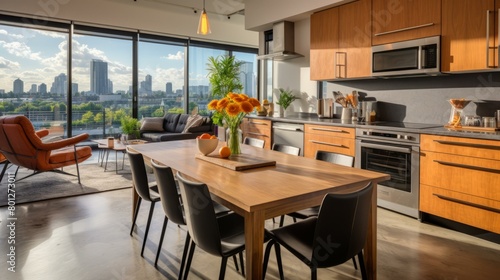 Modern kitchen and dining room with city view