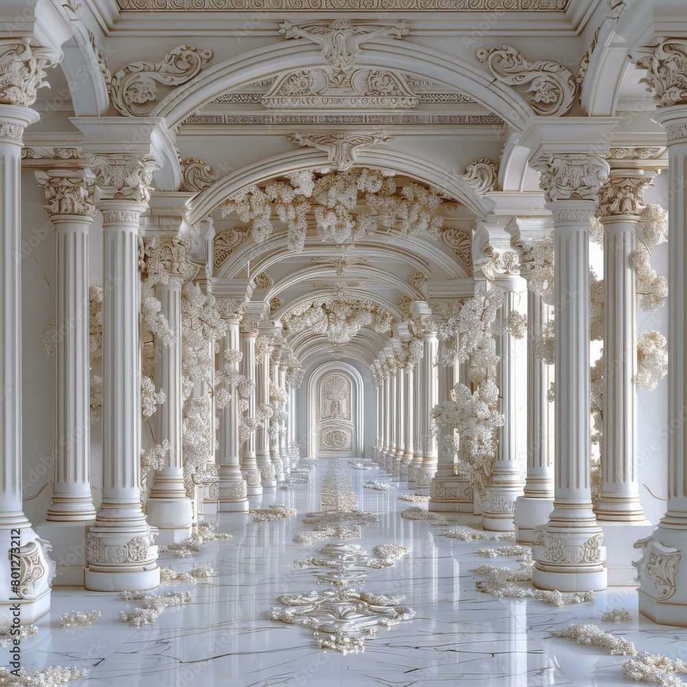 Fototapeta premium Elegant white marble corridor with ornate columns and arches