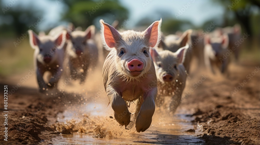 A group of piglets running in the mud A group of piglets running in the mud
