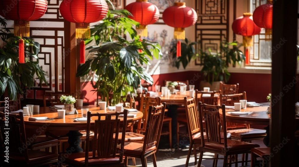 Ornate Traditional Chinese Restaurant Interior With Red Lanterns
