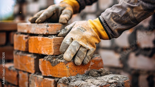 Skilled worker carefully placing bricks to form a sturdy structure, highlighting precision and craftsmanship, AI Generative.