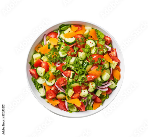 Vibrant mixed salad with crisp cucumbers, cherry tomatoes, carrots, red onion, and lettuce in a white bowl on a top view. Generative AI