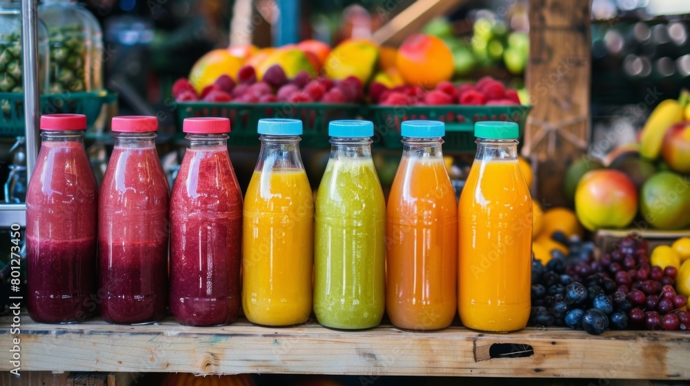 A farmer's market stall selling freshly squeezed fruit juices and smoothies made from locally sourced fruits, promoting healthy living and sustainability.