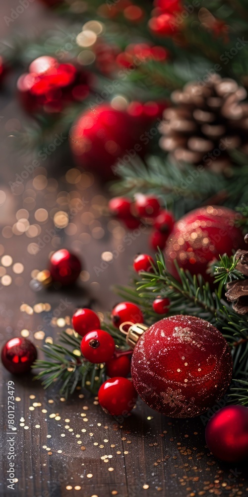 Red and green Christmas ornaments on a wooden background