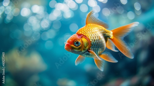 Majestic goldfish centered against a blue backdrop, a captivating undersea scene, AI Generative.