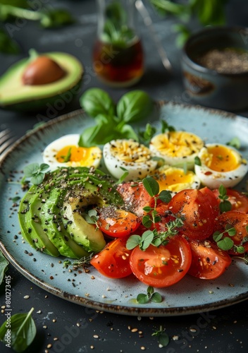 Healthy avocado and tomato salad with boiled eggs and herbs