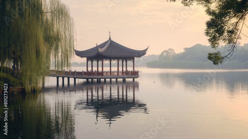  a pavilion on a lake surrounded by trees.