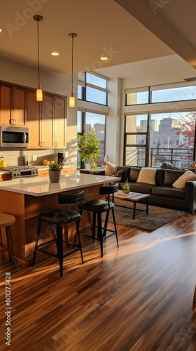 Open-concept living space with large windows and a modern kitchen