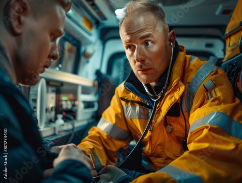 paramedic checking patient's blood pressure in ambulance