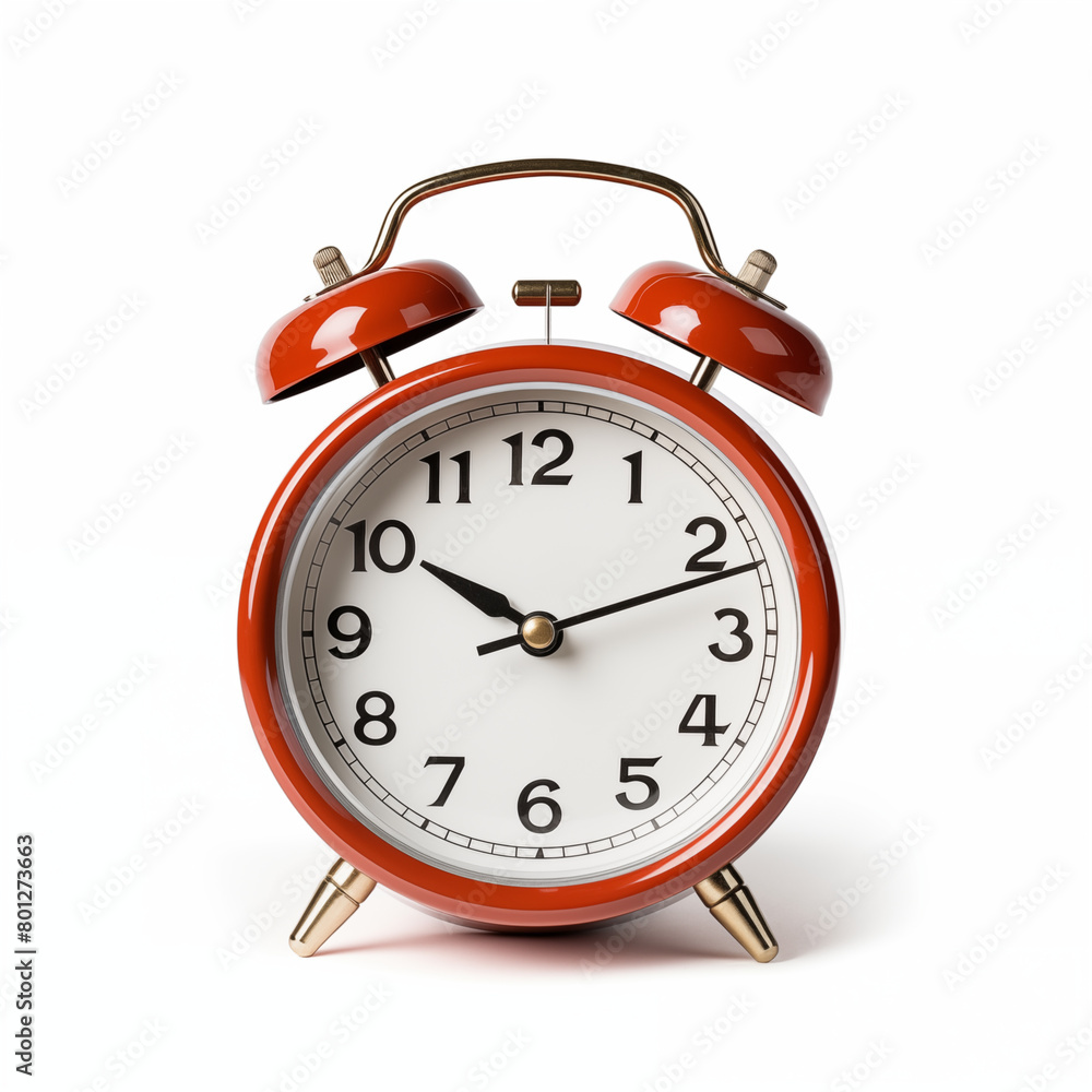 Red alarm clock isolated on white background The time is 1010 Red alarm clock isolated on white background The time is 1010