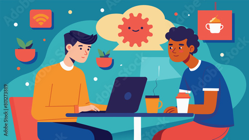 In a busy coffee shop a young man with Tourettes syndrome types furiously on his laptop delving into the complexities of moral relativism with his. Vector illustration