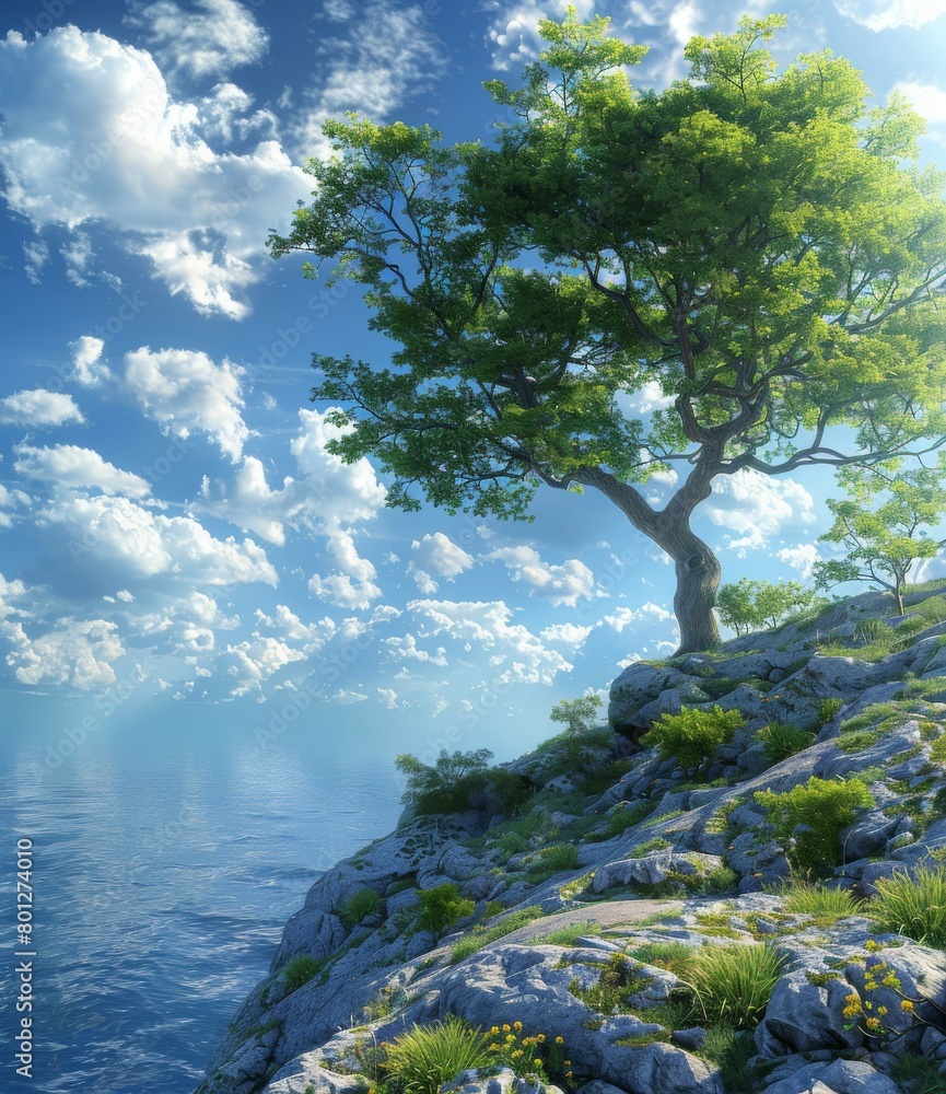 fantasy landscape with a large tree on a cliff overlooking the ocean fantasy landscape with a large tree on a cliff overlooking the ocean