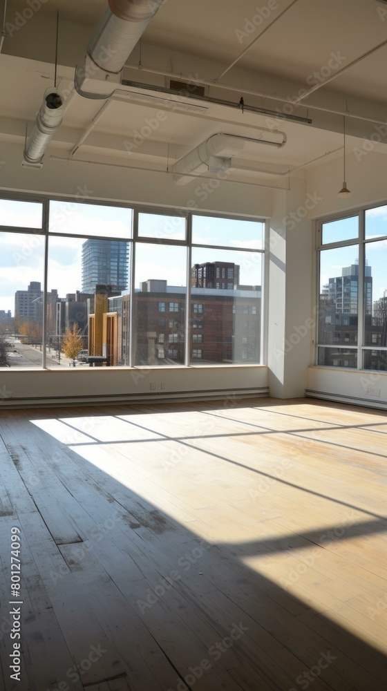 An empty room with large windows