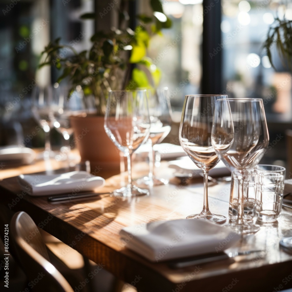 Elegant restaurant table setting with wine glasses Elegant restaurant table setting with wine glasses