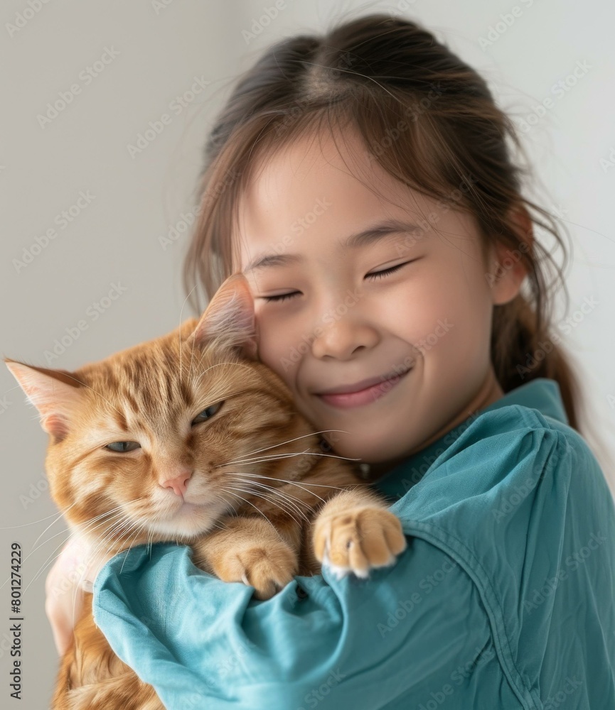 A girl hugging an orange cat A girl hugging an orange cat