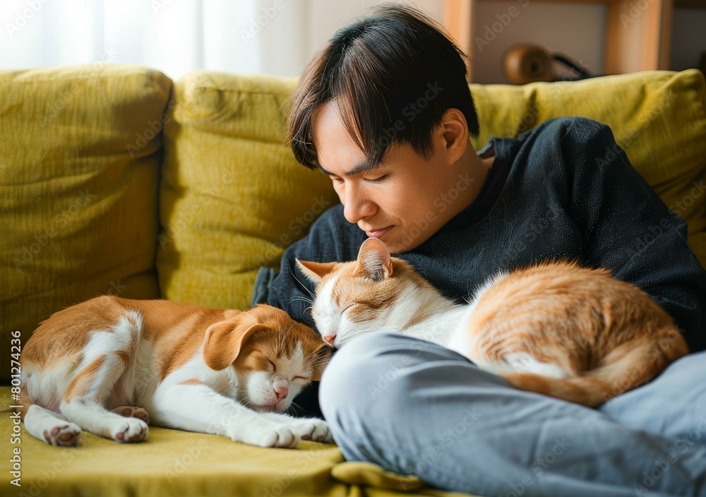 A man is sitting on a couch with a cat and a dog sleeping on him. A man is sitting on a couch with a cat and a dog sleeping on him.