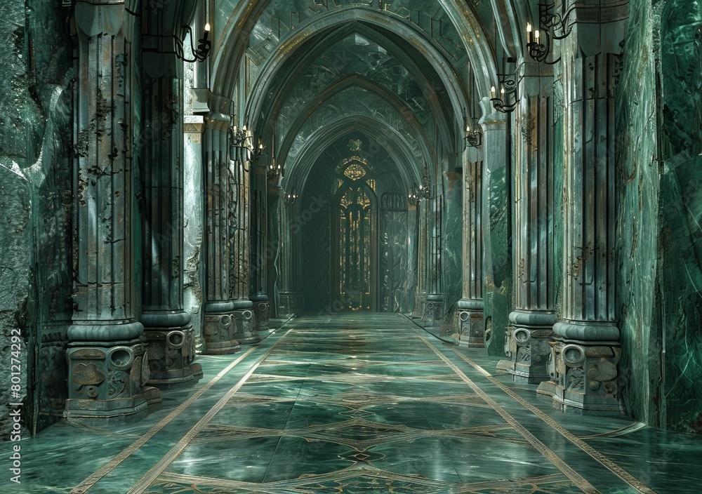 Fototapeta premium The long green marble hallway