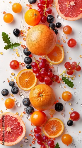 Vibrant Citrus and Berries Assortment with Juicy Splashes on a Bright Background
